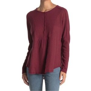 Gibsonlook Burgundy Rib & Waffle Knit Mix Long Sleeve Henley Top